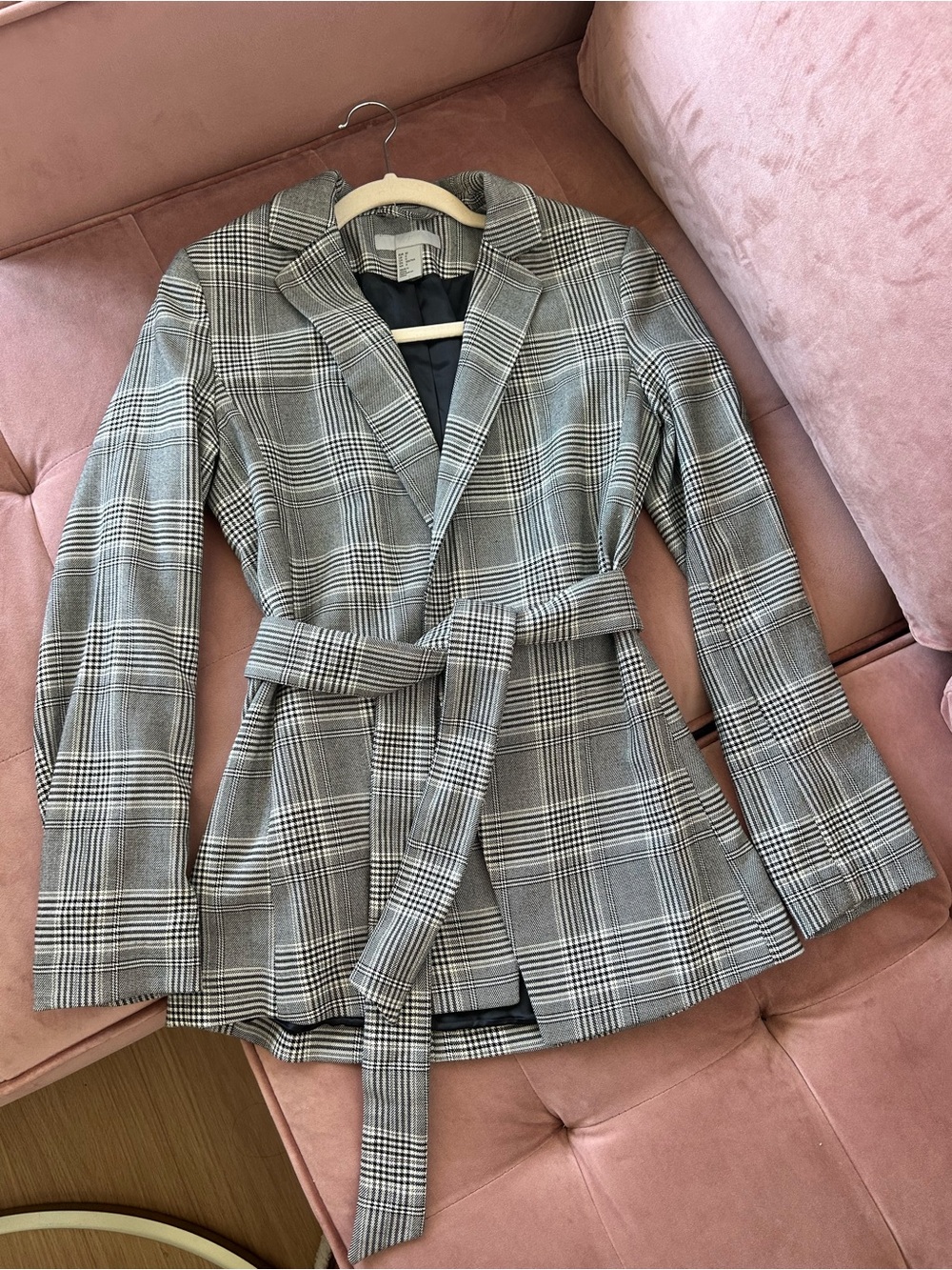 H&M Gray Plaid Tie-Waist Blazer